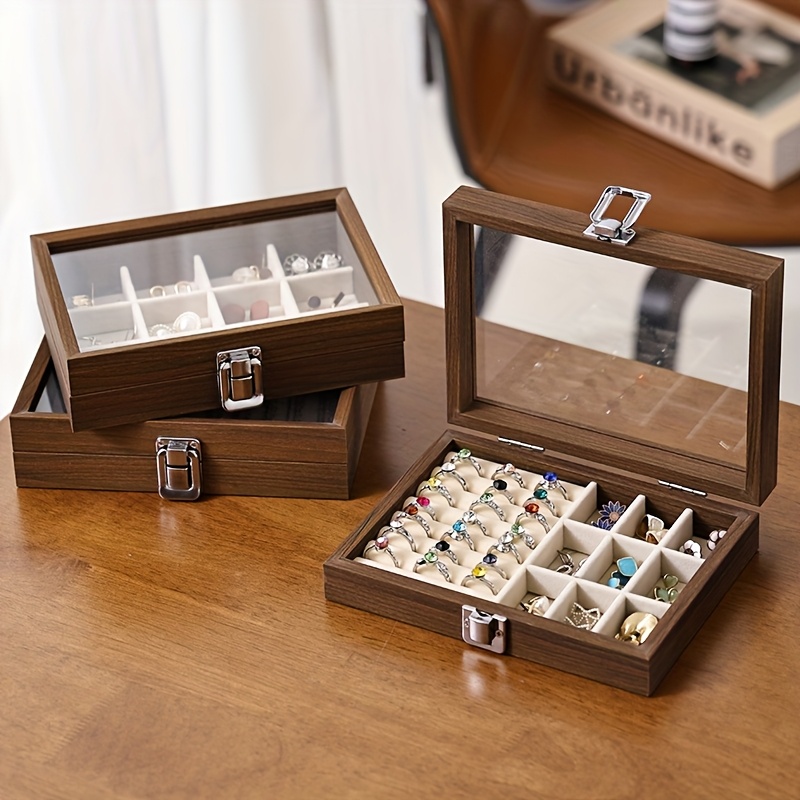 Vintage Wooden Jewelry Organizer Box with Glass Lid